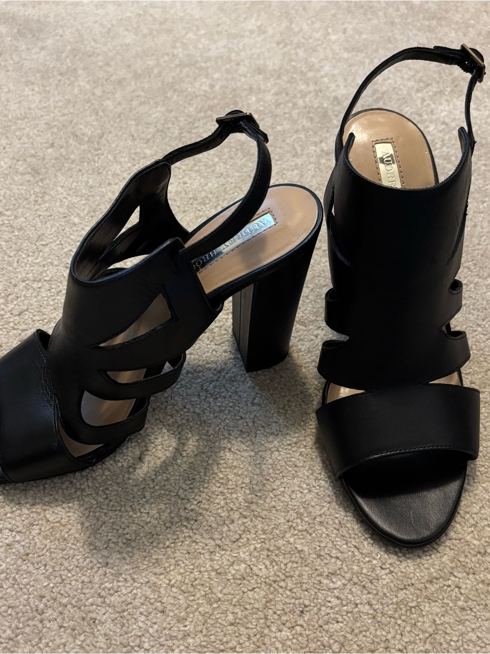 Audrey Brooke Black Cutout Block Heel Sandals with Ankle Strap